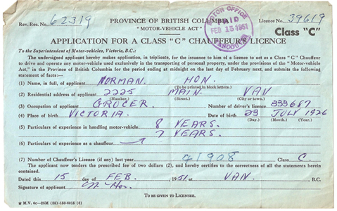 Pierre Delacote Collection - Application for a Class 'C' Licence (1951)