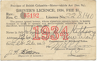 1934 British Columbia Driver's Licence
