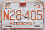 1977 Motorcycle plate displaying proper placement of decal
